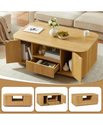 46.5" Fluted Wooden Oval Coffee Table - Center Table with Drawers, Hidden Storage Cabinets and Open Shelf for Living Room