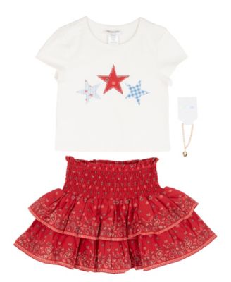 Girls' 7-16 Star-Print Top, Smocked Skirt and Necklace, 3-Piece Set