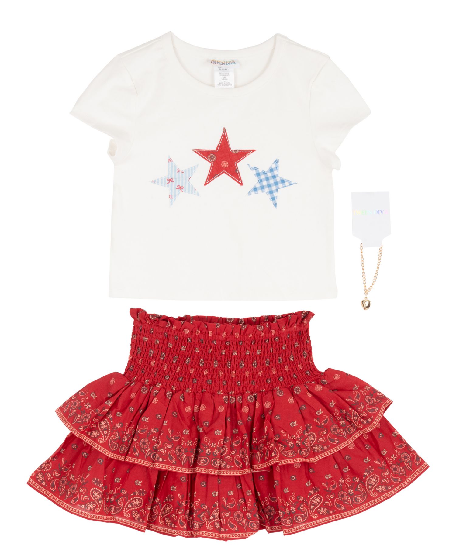 Girls' 7-16 Star-Print Top, Smocked Skirt and Necklace, 3-Piece Set