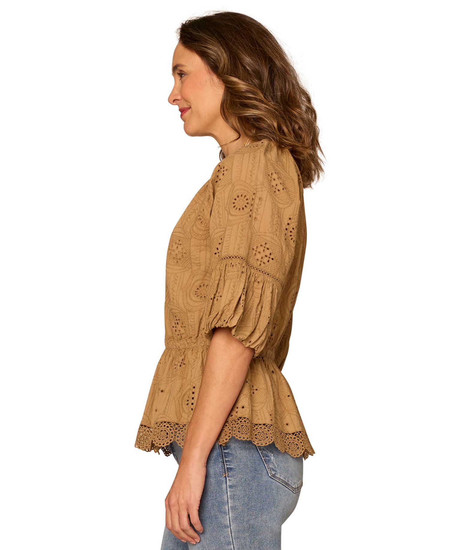 Petite Bubble-Sleeve Split Neck Top