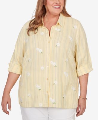 Plus Size Out of the Blue Embroidered Daisy Stripes Button-Front Top