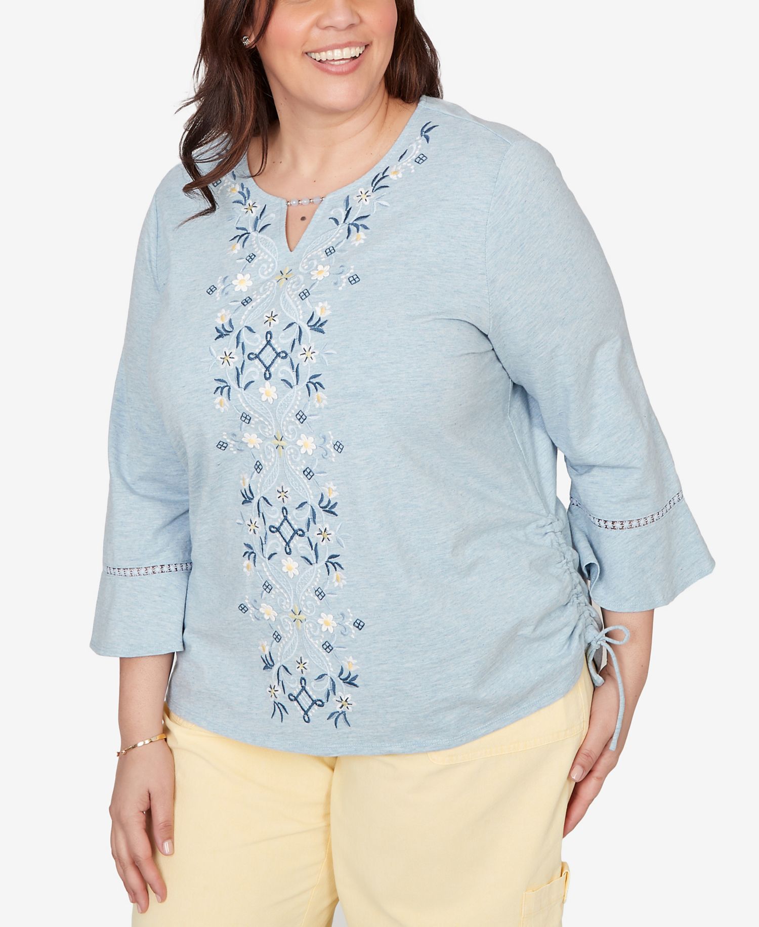 Plus Size Out of the Blue Center Scroll Embroidered Side Tie Top