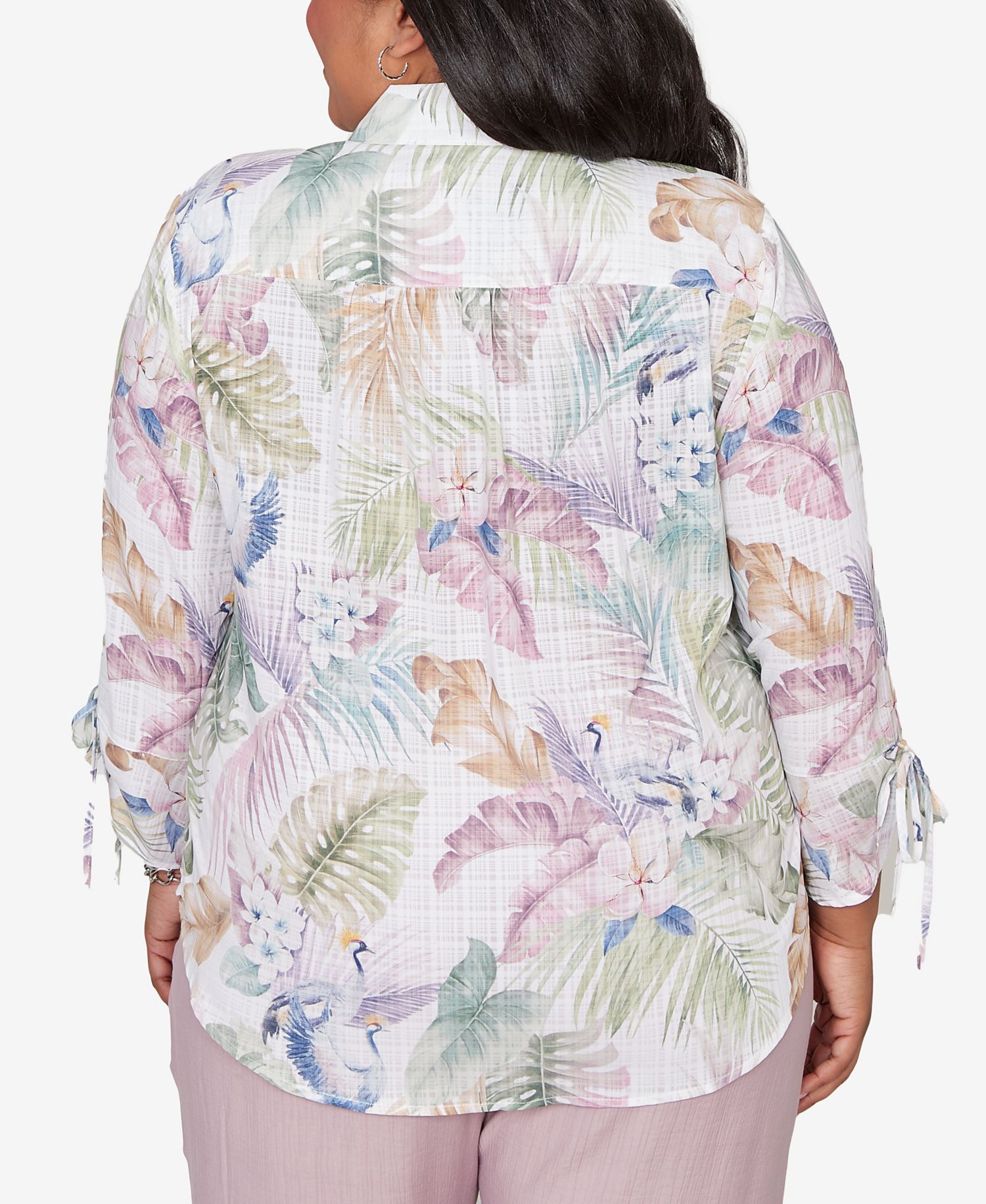 Plus Size Vintage Charm Tropical Button-Front Tie-Sleeve Top
