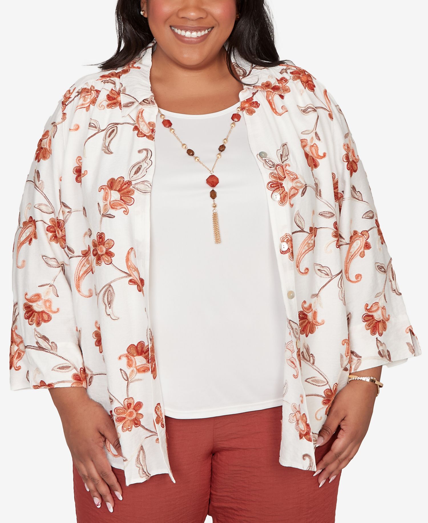 Plus Size Spice Market Paisley Floral Collared Two-in-One Top with Necklace