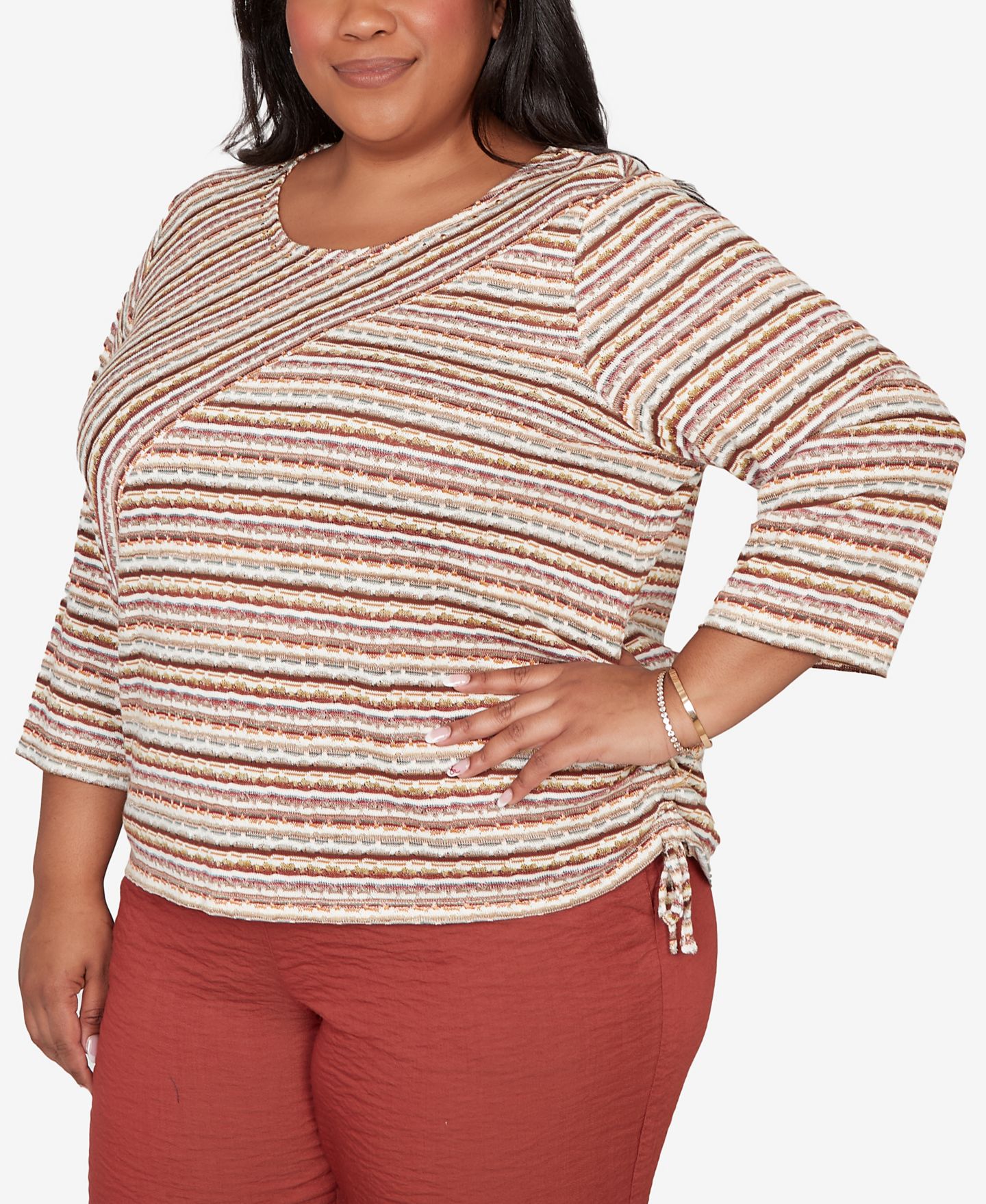Женский топ Alfred Dunner Plus Size Spice Market Spliced Textured Stripe Ruched Tie, цвет: Коричневый разноцветный — фото 3