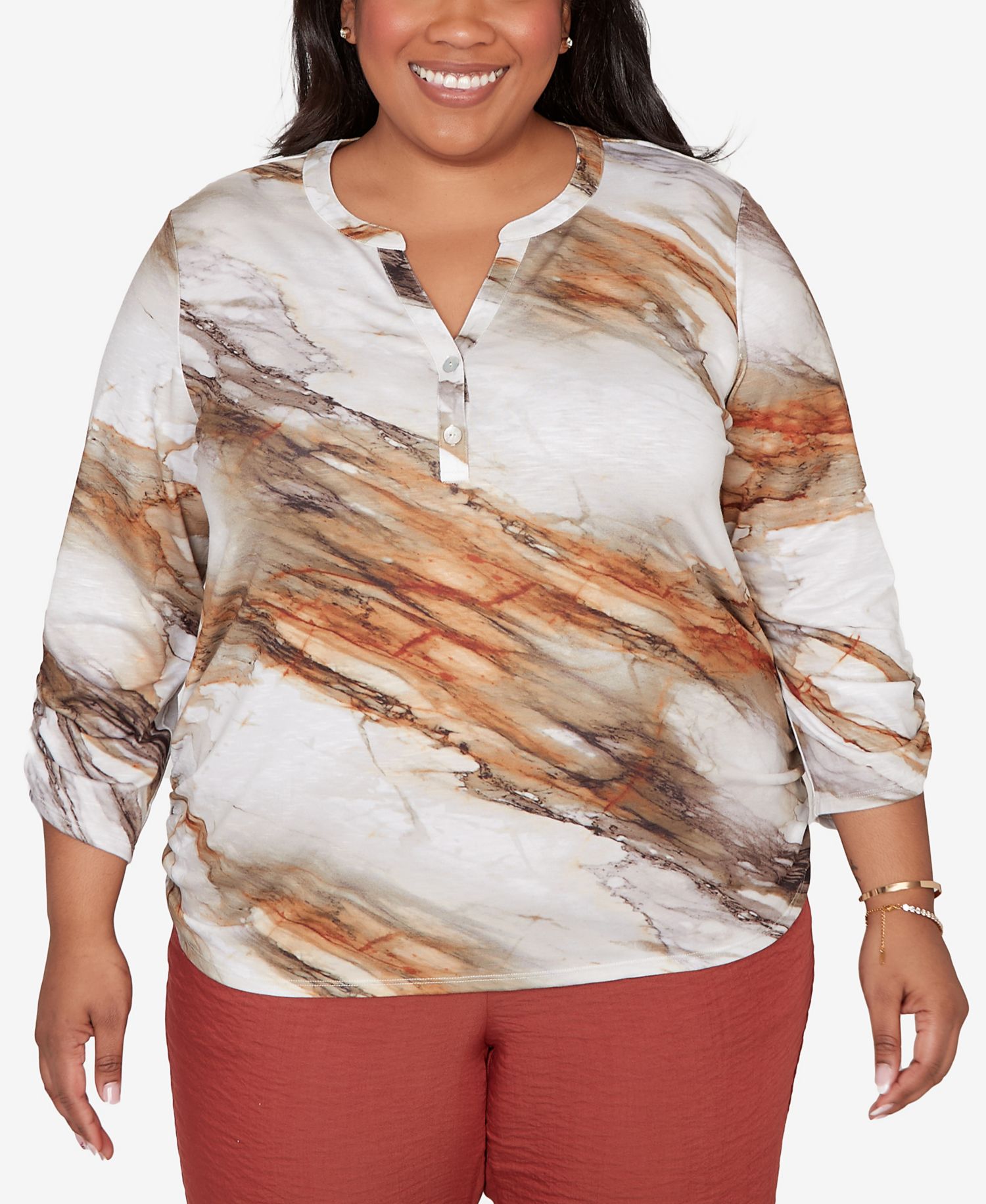 Plus Size Spice Market Marble Print Split Neck Top