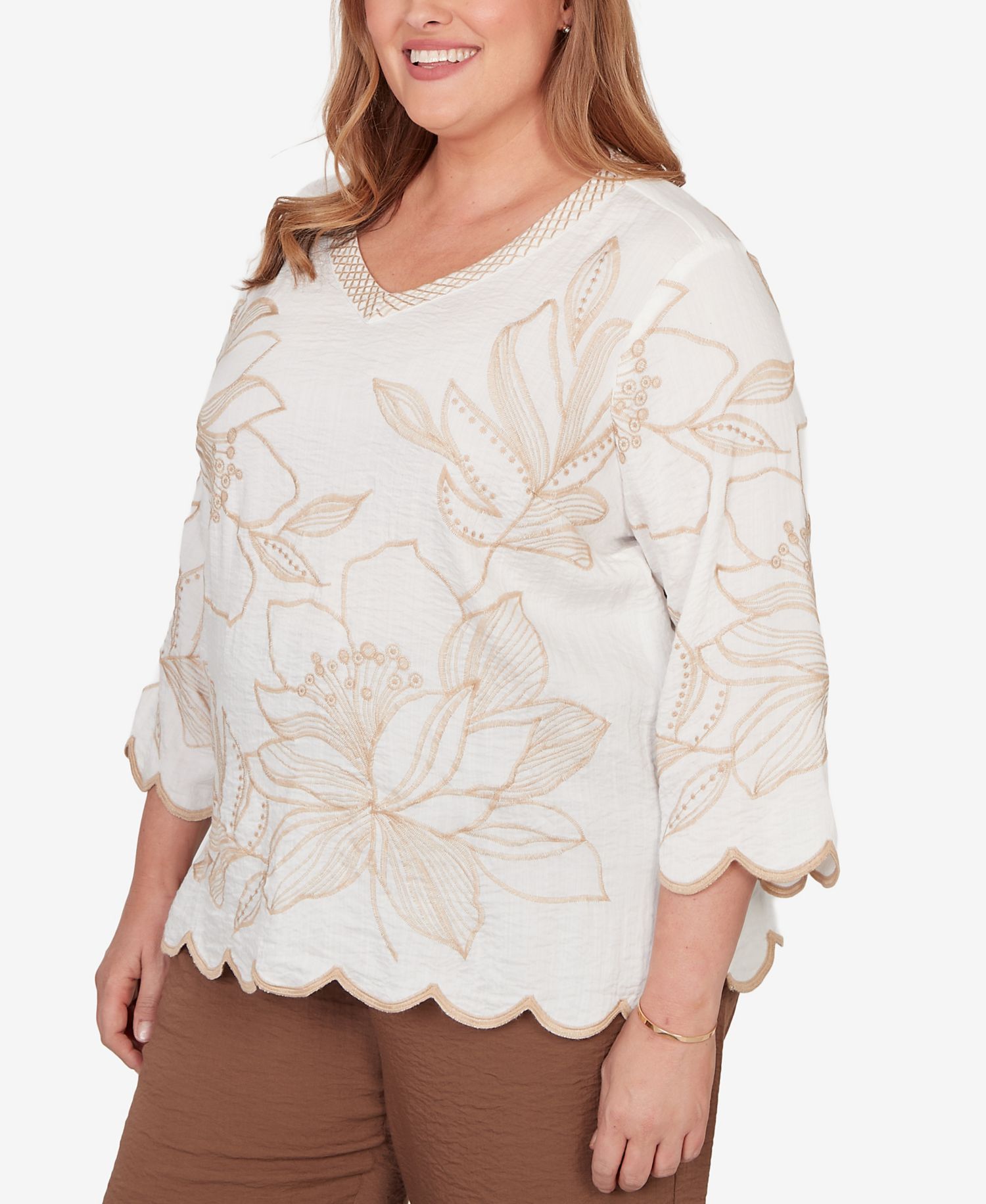 Plus Size Spice Market Embroidered Floral V-Neck Textured Top