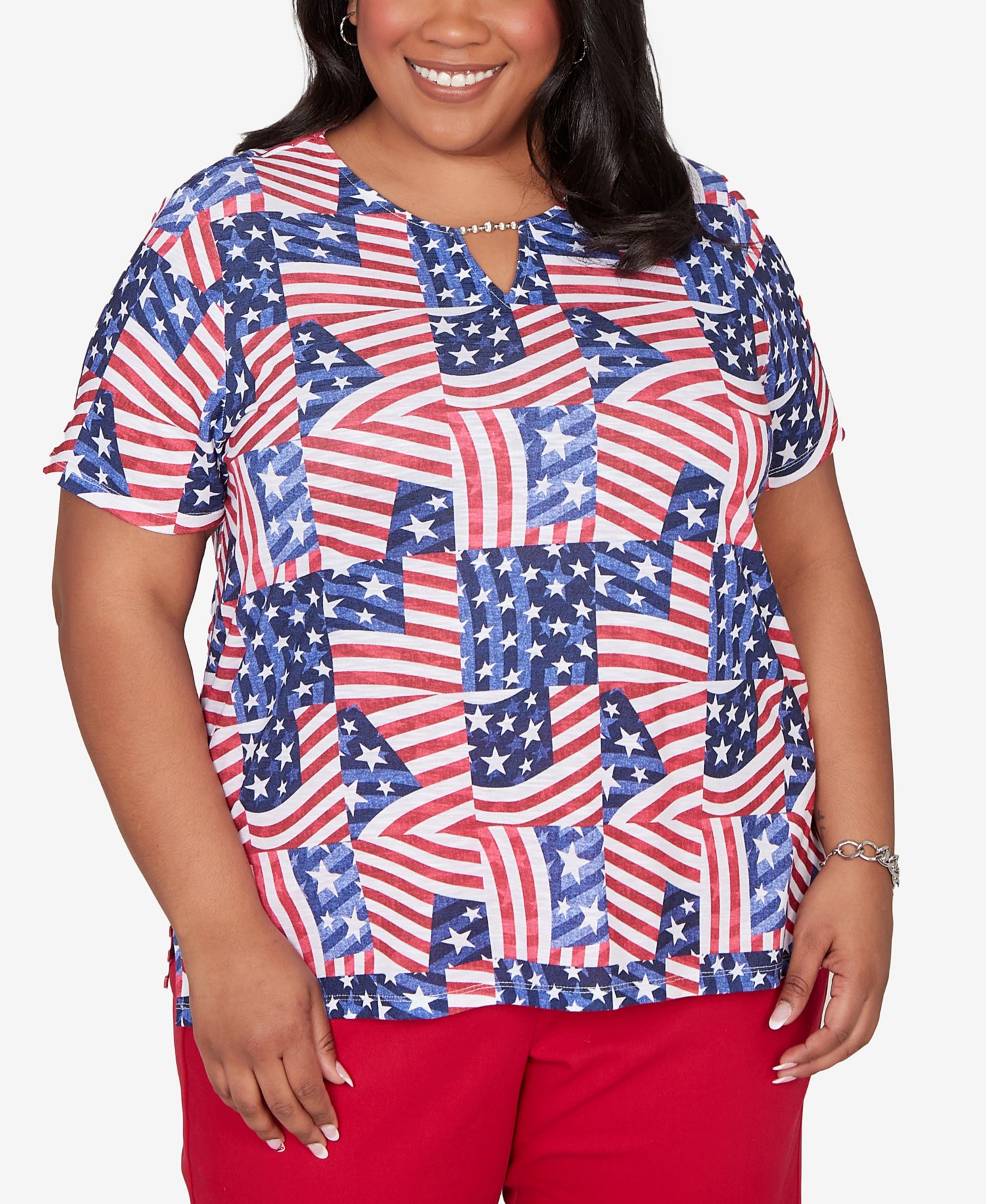 Plus Size Lady Liberty American Flag Patchwork T-Shirt