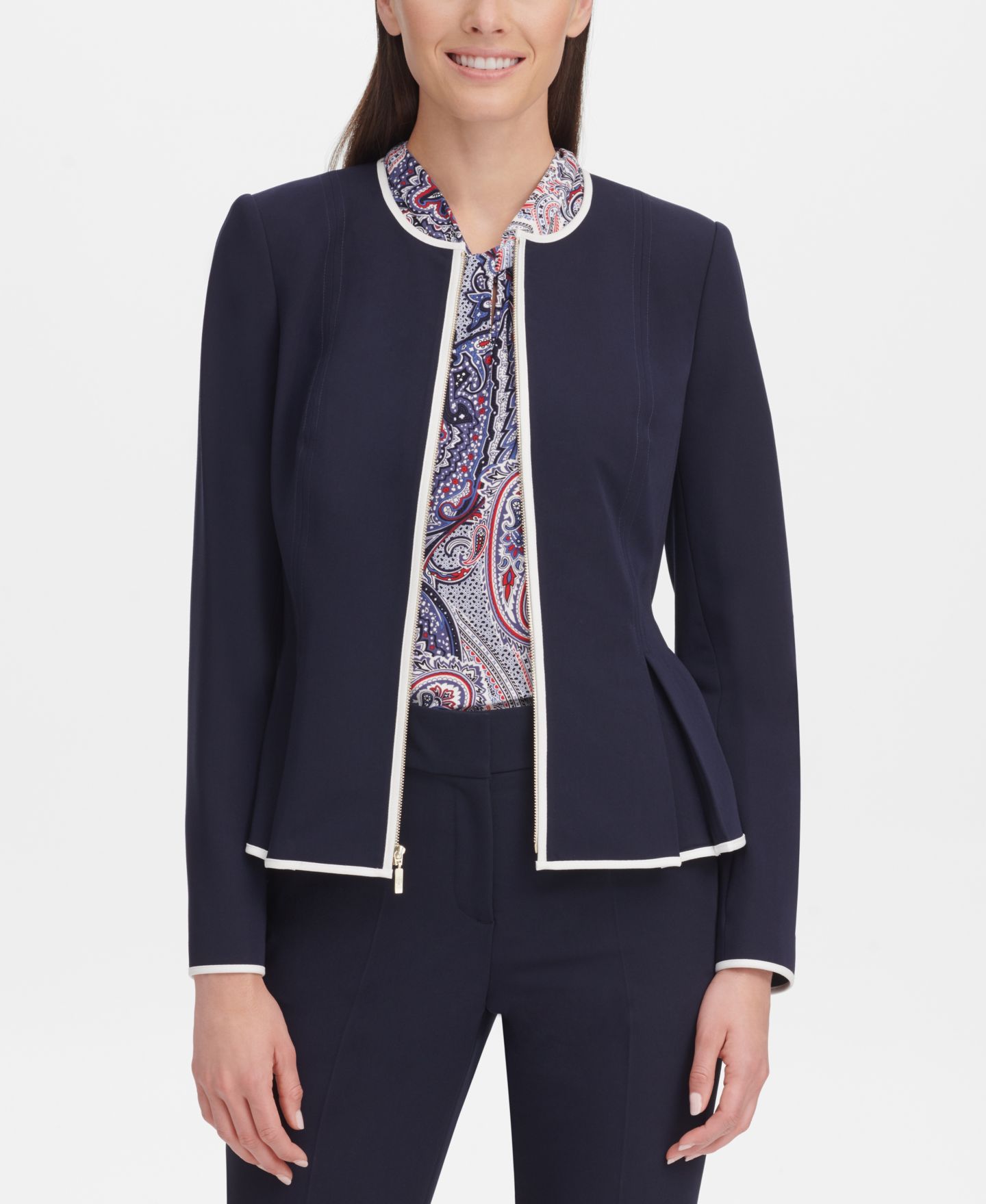 Женская куртка Tommy Hilfiger Zip-Front Peplum, цвет: Тёмно-синий / Слоновая кость — фото 7