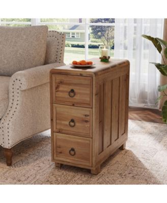Solid Wood End Table with 3 Drawers, Narrow Sofa Side Table Nightstand Storage Cabinet for Living Room Bedroom Office