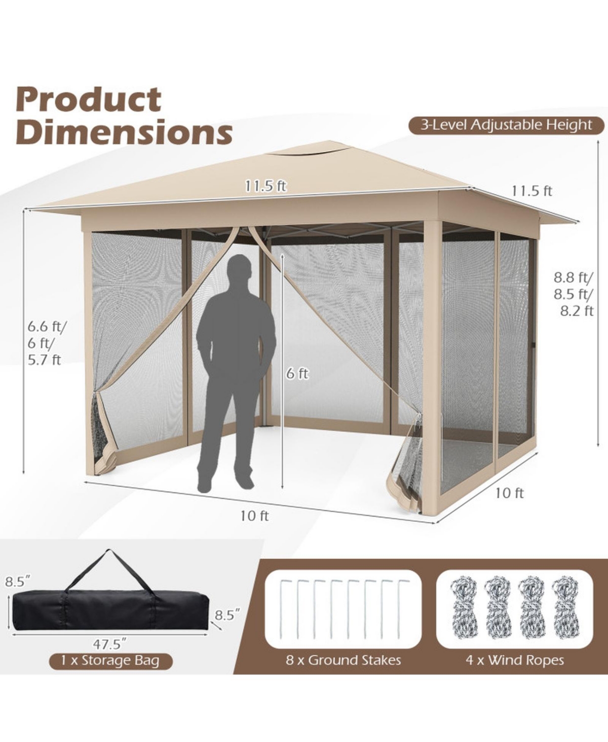 Gouun 11.5 x 11.5 ft Pop Up Canopy Tent with Four Zippered Mesh Screen Sidewalls