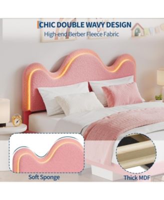 Upholstered LED Bed Frame with Storage Drawer, Wavy Headboard, Lamb Fleece Fabric, Wood Slats.