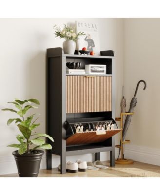 Fluted Shoe Cabinet with 2 Flip Drawers and Open Shelves, 23.6 x 9.4 x 43.7 in Slim Entryway Storage Organizer