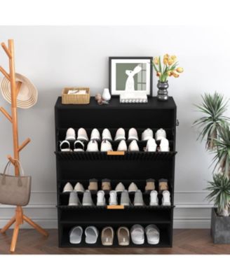 Fluted Shoe Cabinet with 2 Flip Drawers, Open Shelf and Side Hooks, Slim Entryway Storage for Hallway or Foyer