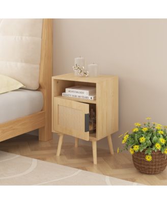 Oak Rattan Nightstand with Door and Open Shelf - Solid Wood Legs Accent End Table