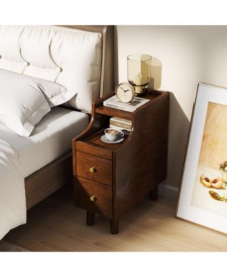Solid Wood End Table Narrow Bedside Table with Pull-out Tray and 2 Storage Drawers