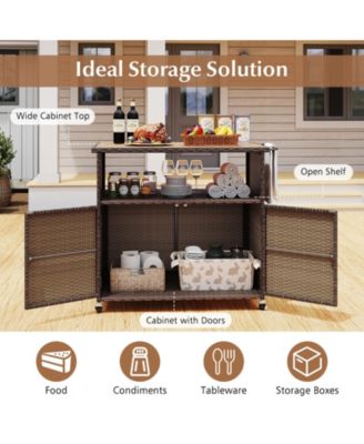 Outdoor Storage Cabinet with Acacia Wood Top and Lockable Wheels