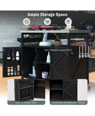 Outdoor Kitchen Island and Rolling Bar Cart, Farmhouse Solid Wood Grill Table with Stainless Steel Top, Spice Rack and Towel Rack