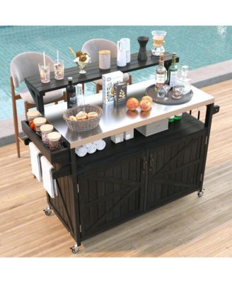 53.3inch Outdoor Kitchen Island with Raised Shelf, Solid Wood Storage Cabinet, Rolling Grill Cart with Rack, Adjustable Shelf and Spice Rack