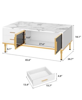 Modern Faux Marble Coffee Table with Storage, 4 Drawers, 2 Glass Doors, Fluted Design, Adjustable Legs