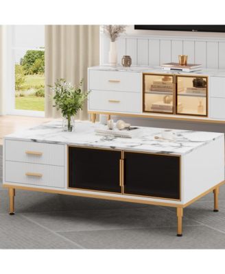 Modern Faux Marble Coffee Table with Storage, 4 Drawers, 2 Glass Doors, Fluted Design, Adjustable Legs