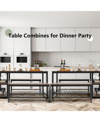 3PCS Rustic Kitchen Dining Set Includes Storage Rack w/ Rectangular Table and 2 Benches