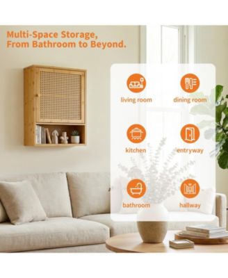 Bathroom Wall Cabinet, Wood Rattan Storage with 3-Tier Shelves and Doors, Medicine Cabinet, Holds 33lbs for Bathroom, Laundry Room