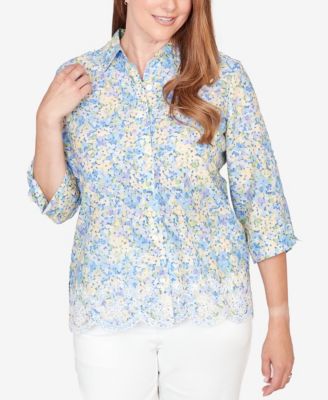 Women's Classic Embroidered Floral Border Button-Down Top