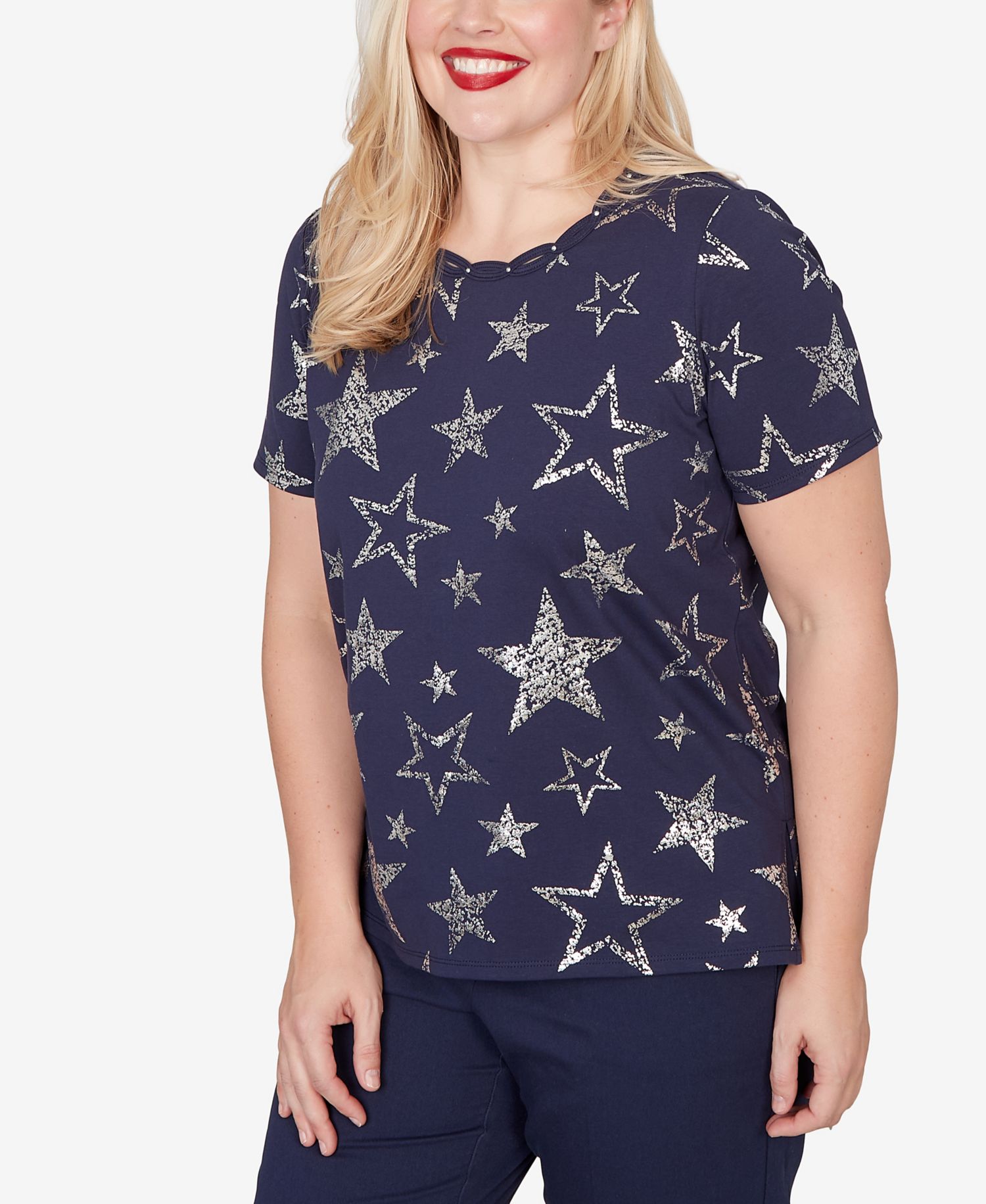 Women's Lady Liberty Sparkling Foil Stars Crewneck T-Shirt
