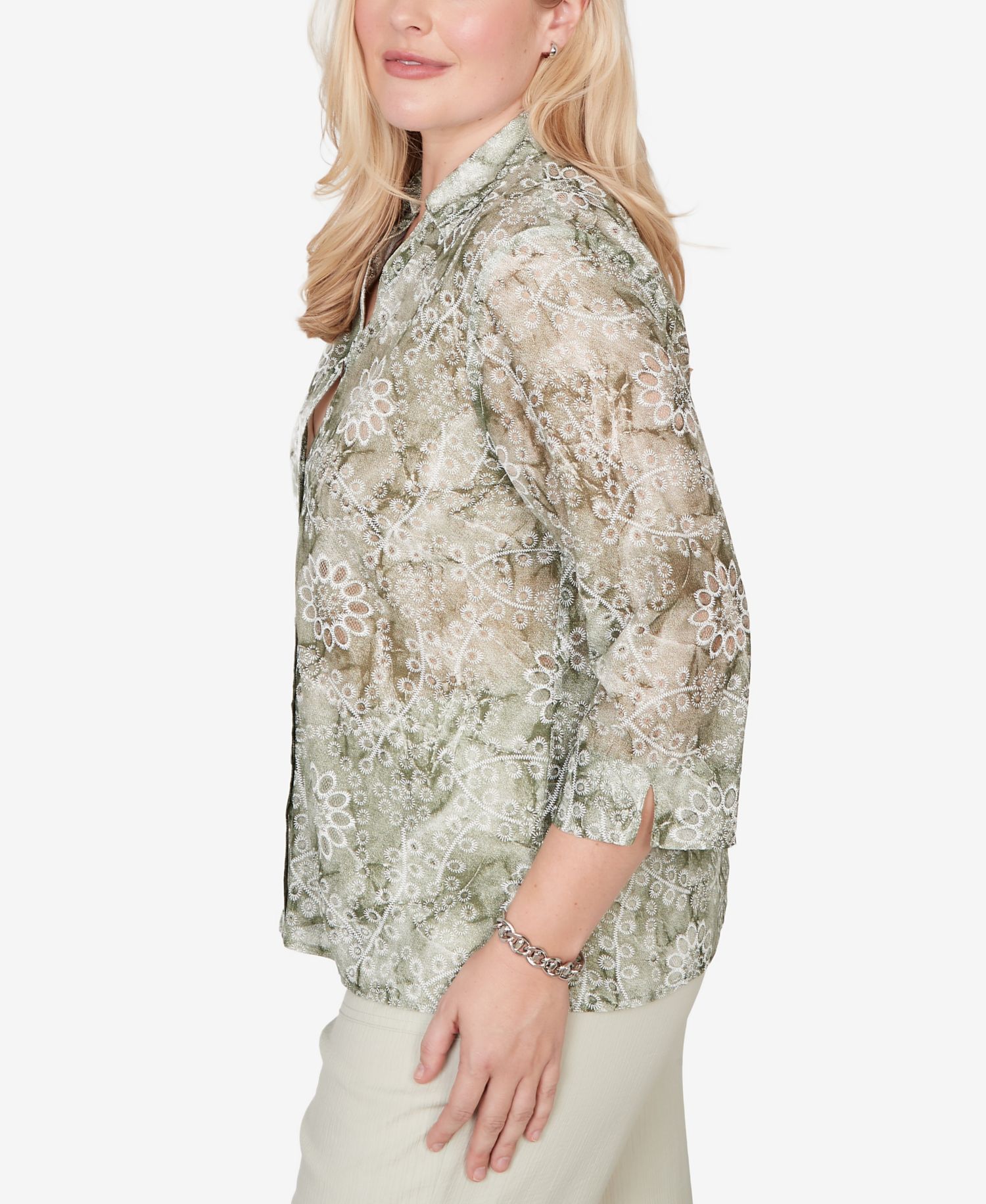 Women's Vintage Charm Tie Dye Monotone Floral Button-Front Top