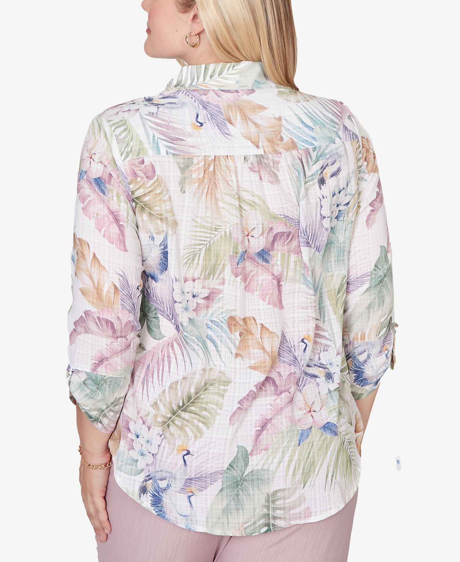 Women's Vintage Charm Tropical Button-Front Tie-Sleeve Top