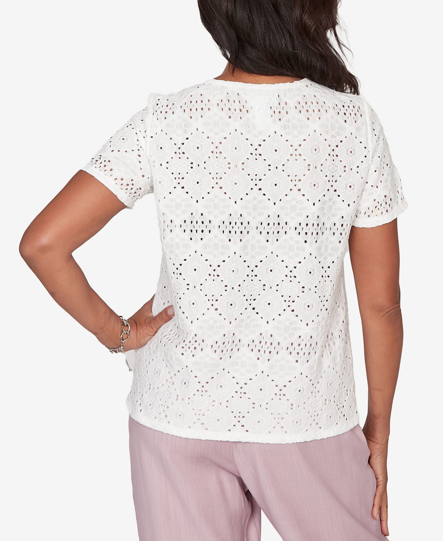 Women's Vintage Charm Solid Eyelet Split Beaded Neck Top