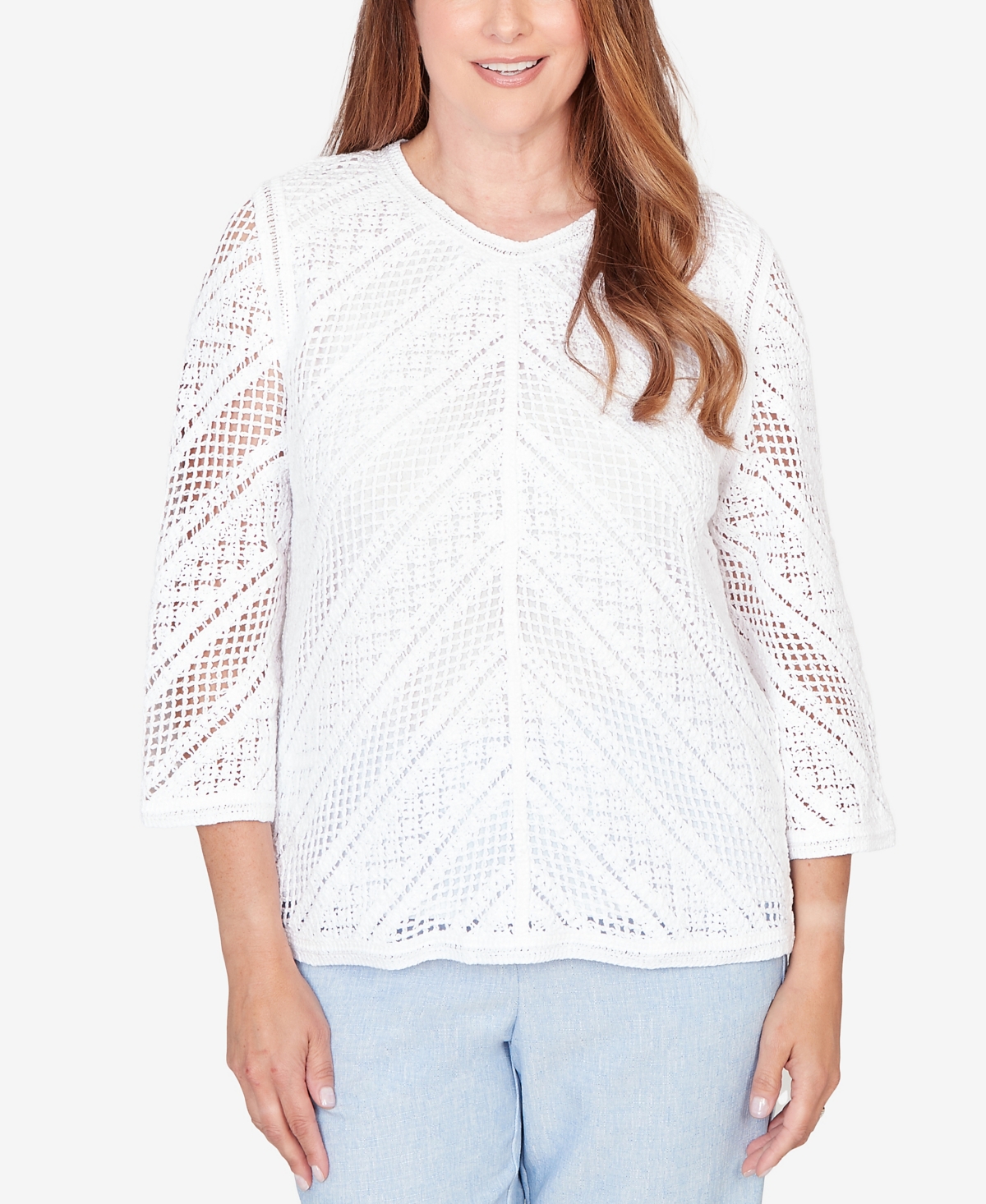 Alfred Dunner Women's St. Augustine Chevron Crochet Crewneck Top