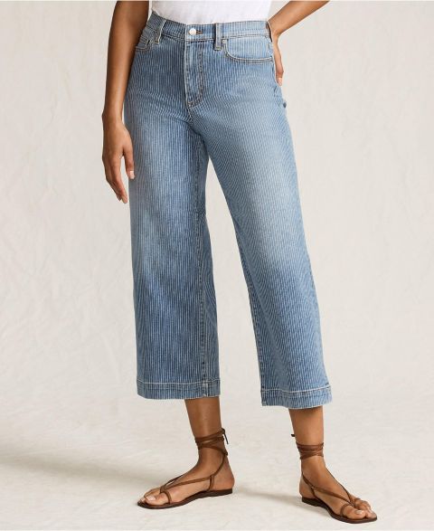 Женские джинсы Lands' End Tall Recover Denim High Rise Wide Leg Crop Jeans, цвет: Синий полосатый