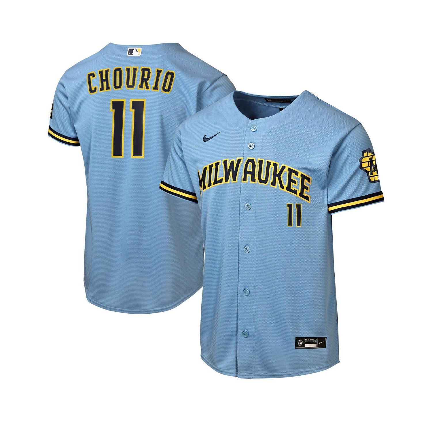 Big Boys and Girls Jackson Chourio Powder Blue Milwaukee Brewers Road Stadium Jersey