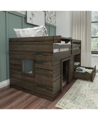 Modern Farmhouse Low Loft Bed with Storage Drawer, Solid Wood Bed for Kids
