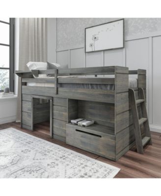 Modern Farmhouse Low Loft Bed with Storage Drawer, Solid Wood Bed for Kids