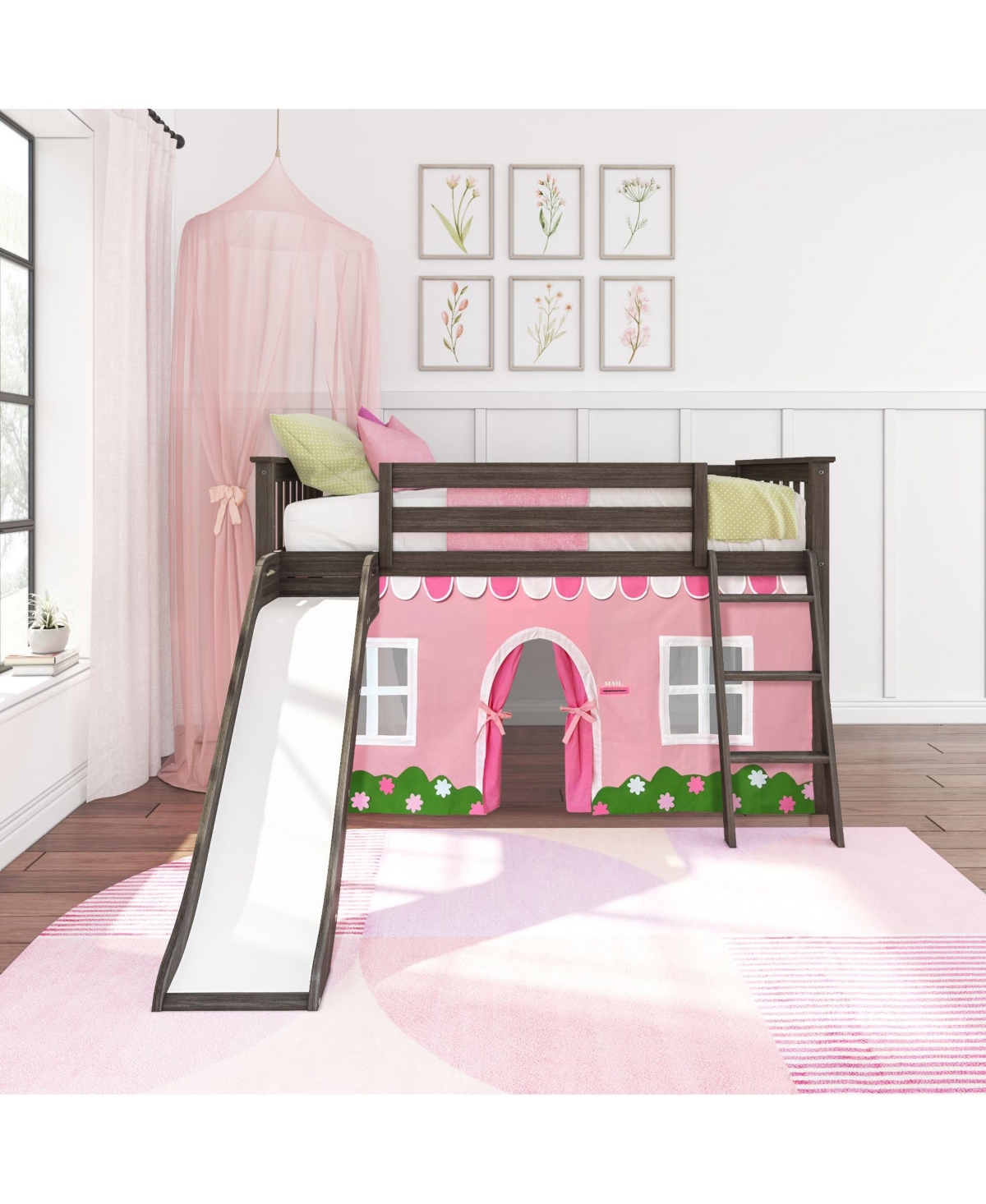 Max & Lily Low Loft With Easy Slide and Farmhouse Curtain