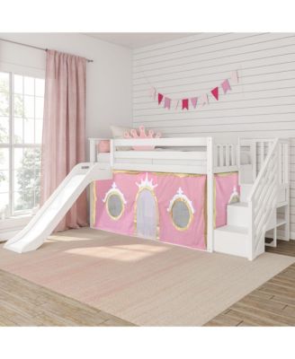 Low Twin over Twin Bunk With Stairs, Easy Slide and Gold Princess Curtain