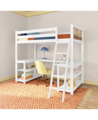 Scandinavian Loft Bed with Wraparound Desk and Shelves