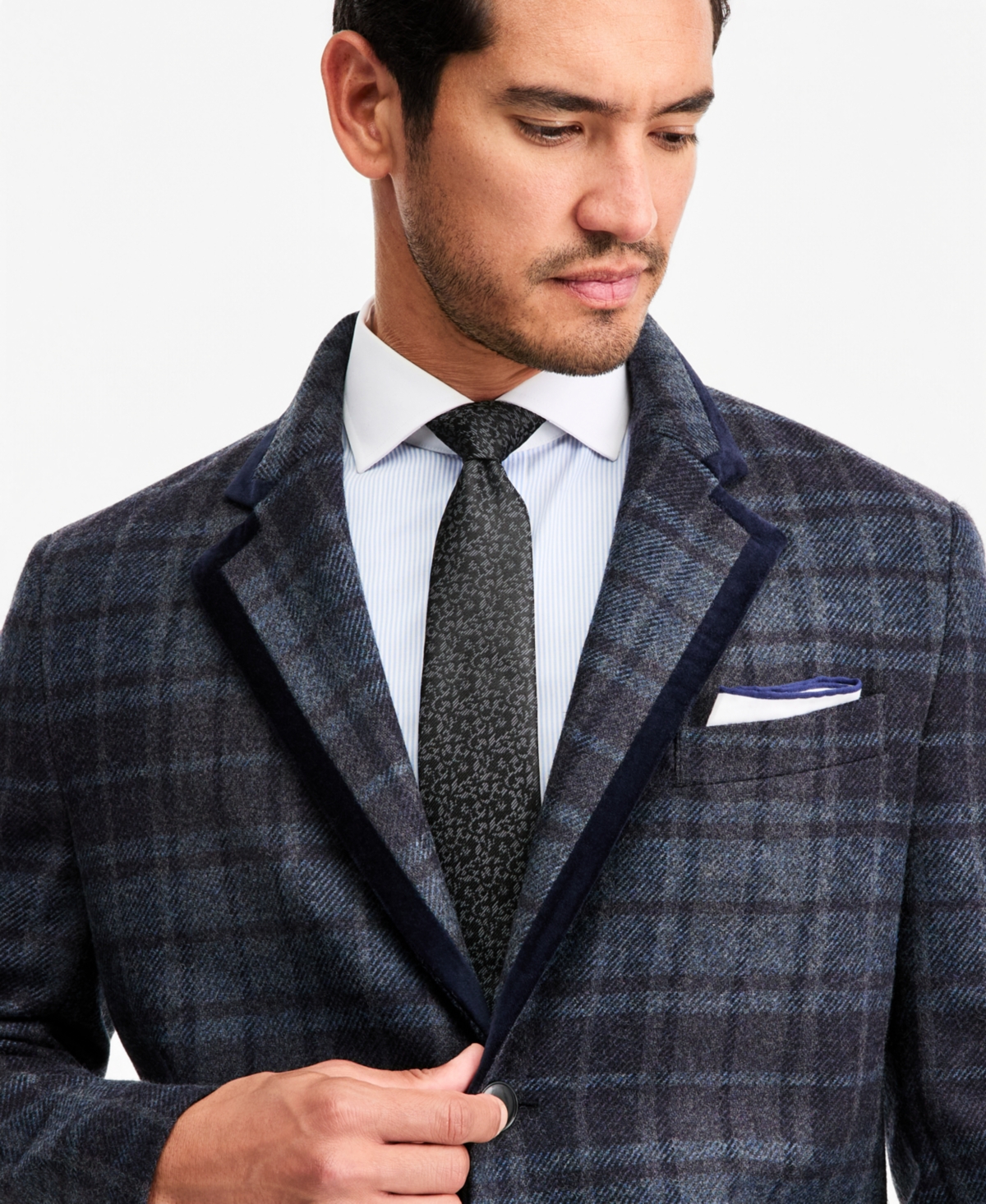 Tayion Collection Men's Classic-Fit Blue Plaid Overcoat