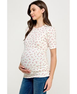 Maternity Floral Ribbed Ruched Puff-Sleeve Fitted Top
