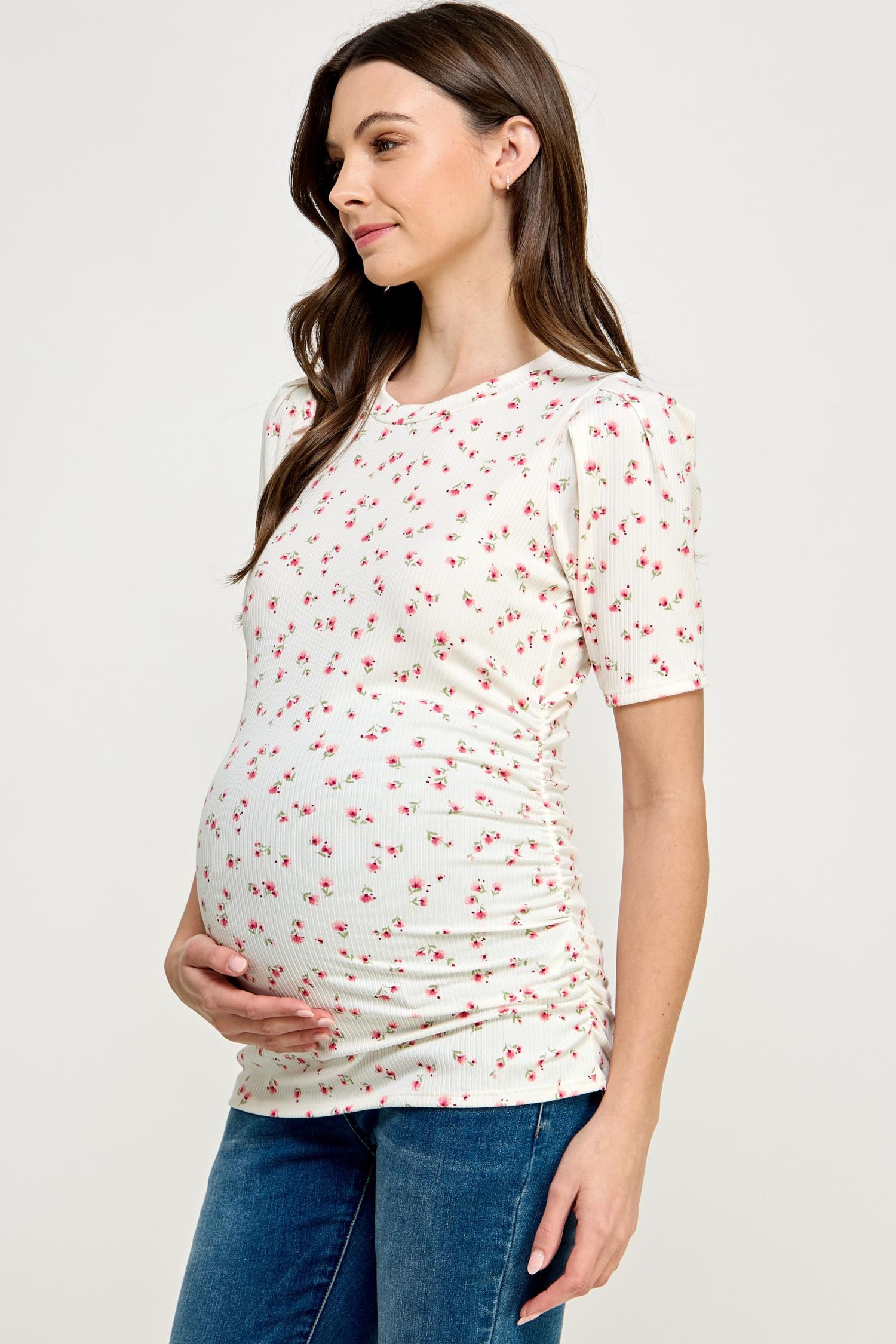 Maternity Floral Ribbed Ruched Puff-Sleeve Fitted Top