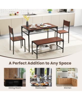 4-Piece Industrial Dining Table Set with Bench, Chairs and Storage