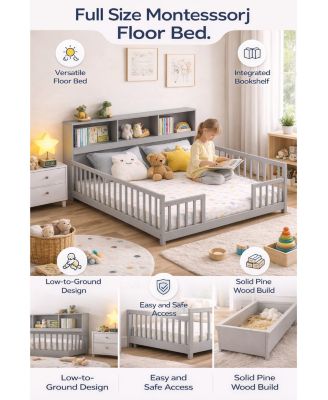 Full Montessori Floor Bed with Storage Shelves
