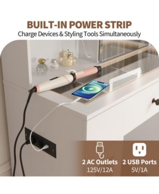 Large Vanity Desk with Sliding Mirror and 3-Color LED Lights, Makeup Dressing Table with Storage Drawers, Shelves, Cabinets, USB Outlets