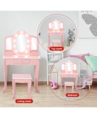 Kids Vanity Set with Lighted Tri Fold Mirror, Wooden Pretend Play Dressing Table with Stool, Storage Drawer & Adjustable LED Modes