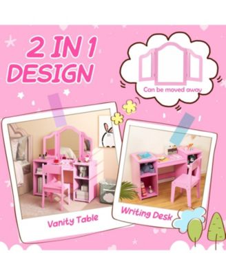 Kids Vanity Set with Tri-Folding Acrylic Mirror, 4 Storage Cubbies and High-Back Chair