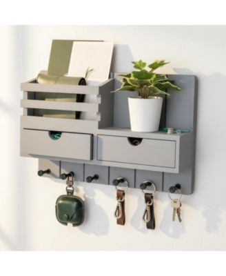 Wall Mounted Key Holder with 2 Drawers 6 Hooks Shelf Mail Organizer Decor