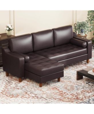 L-shape sectional sofa with convertible chaise, deep seat design, modern mid-century style, comfy 3-seat leather couch for living rooms.